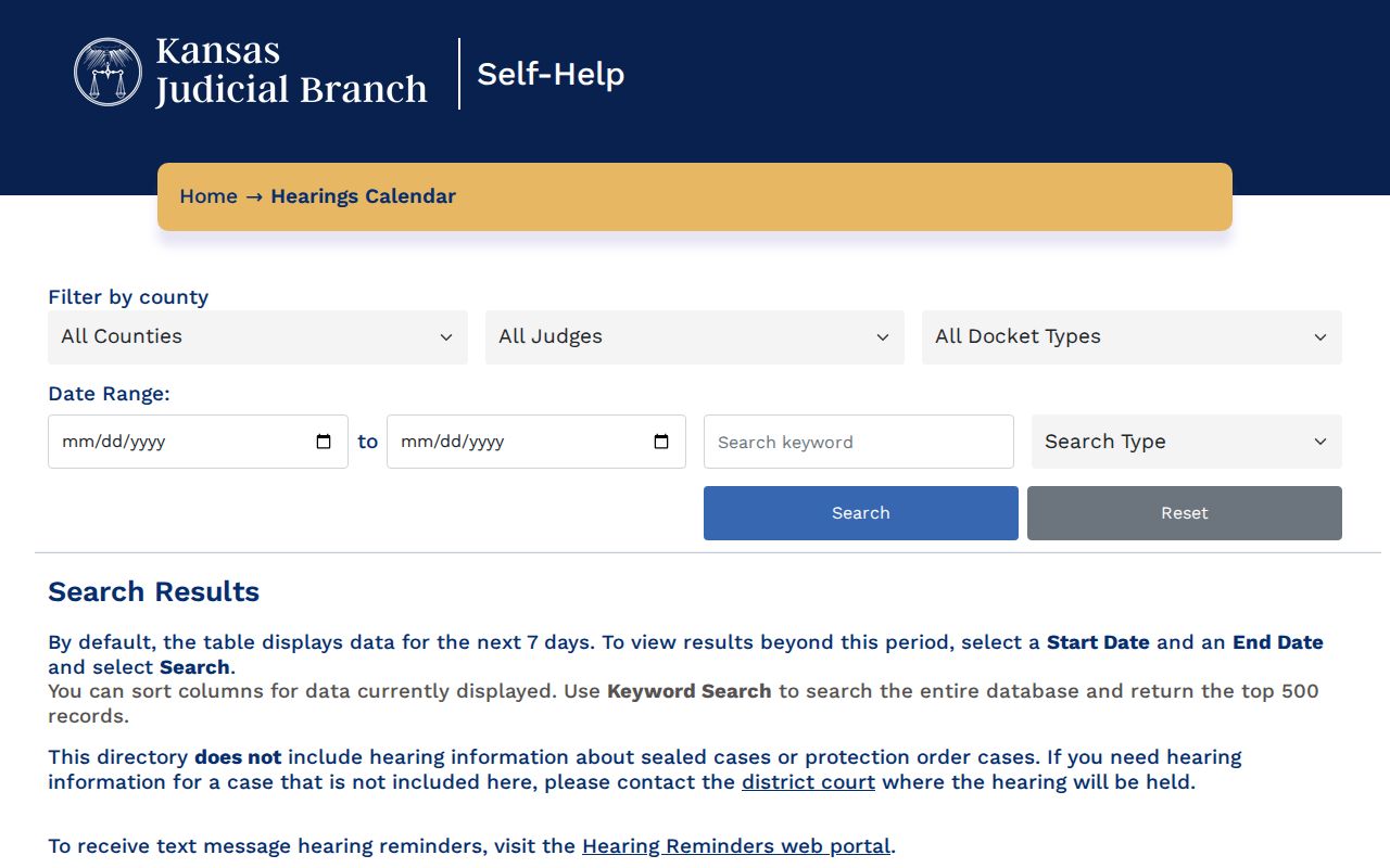 Pottawatomie County court calendar on the Kansas hearing calendar